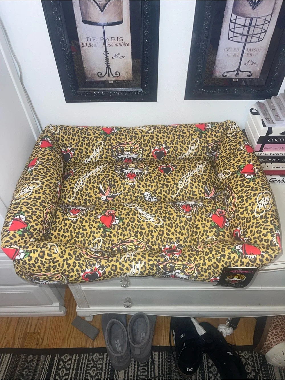 NWT Ed Hardy Leopard Print Pet Bed with Red Heart Accents